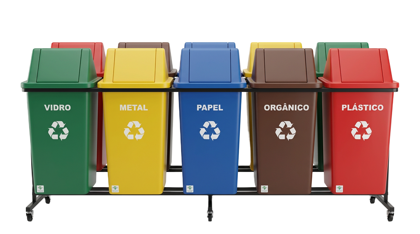 Estação de coleta seletiva com lixeiras coloridas para vidro, metal, papel, orgânico e plástico